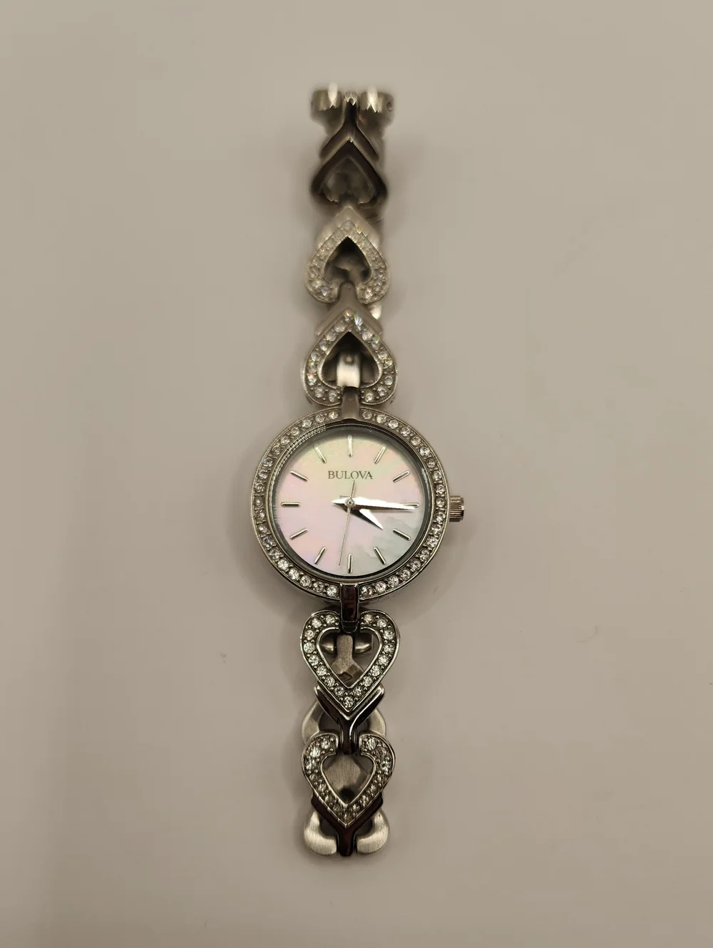 Bulova Silver Heart Link Crystal Women's Watch with Mother-of-Pearl Dial